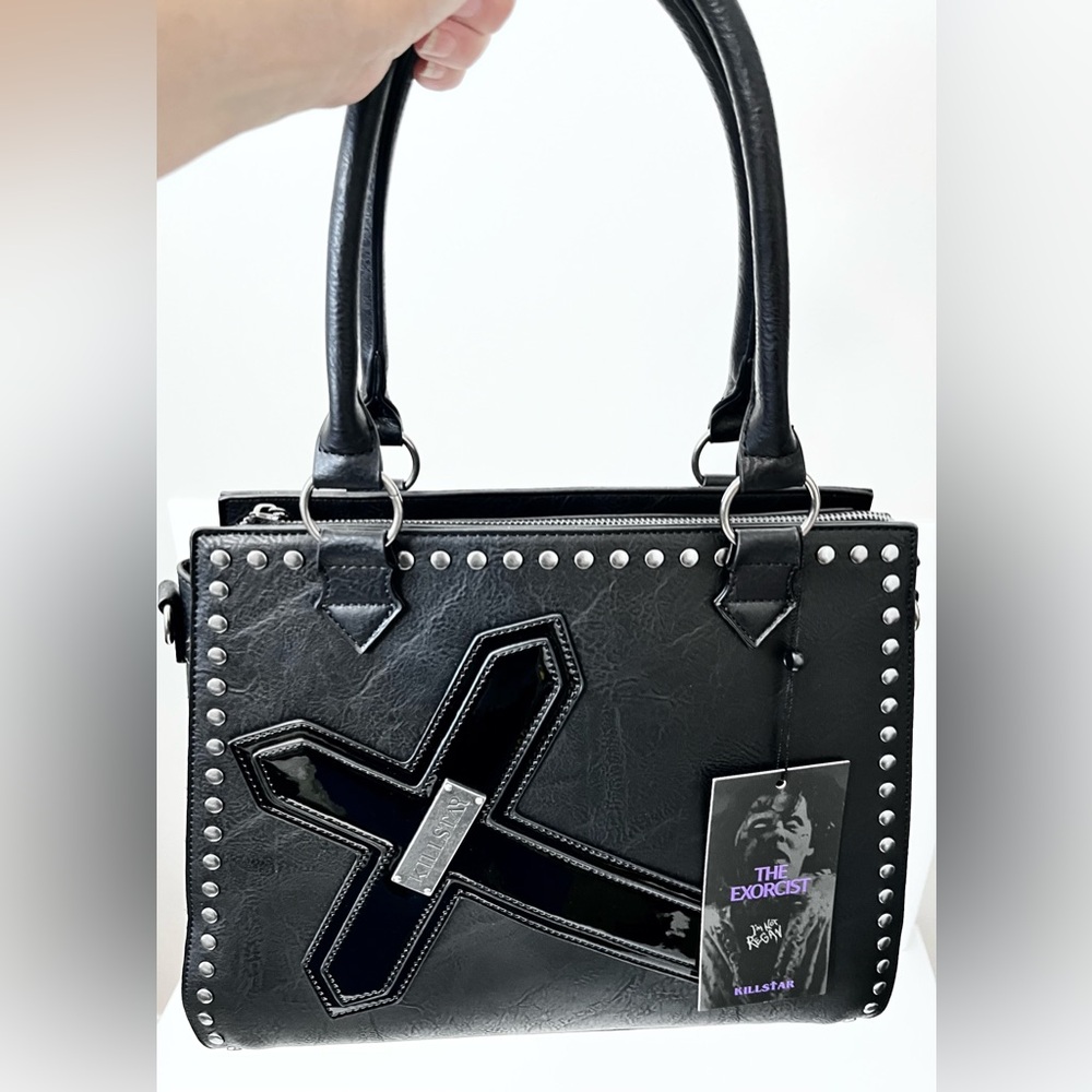 Killstar Exorcist Black Faux Leather Satchel Crossbody Handbag Studs Cross Goth - Picture 9 of 12